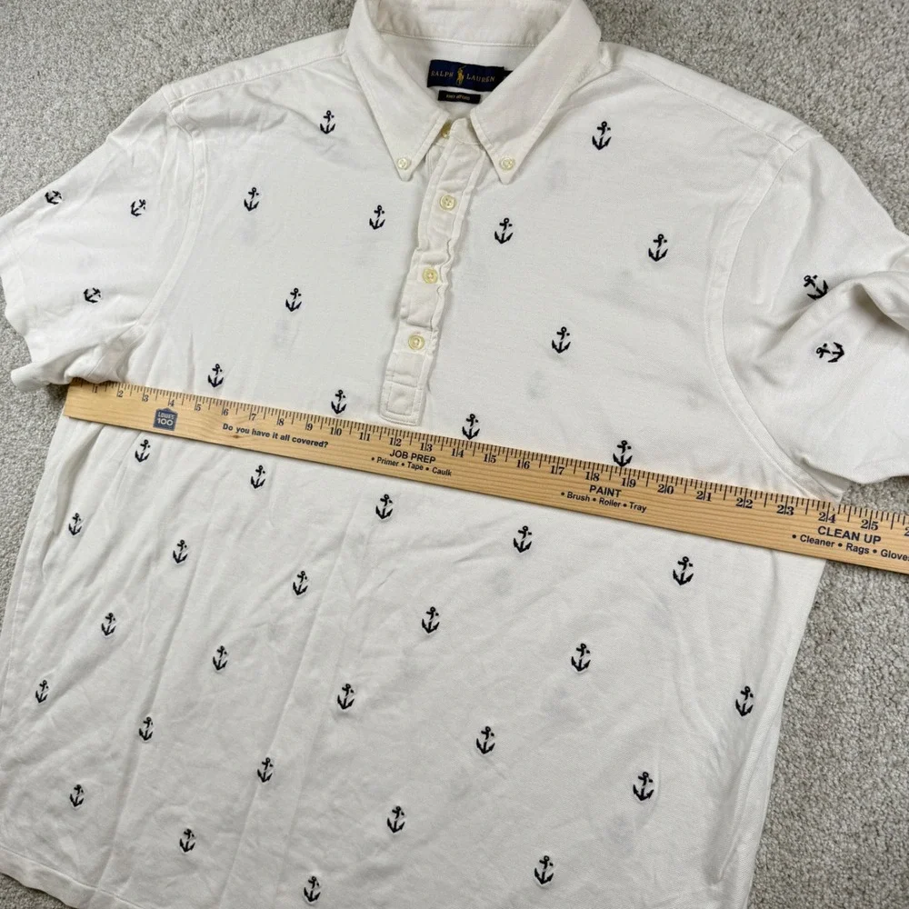 Ralph‎ Lauren Polo Shirt Mens XXL White Anchor Print Knit Oxford Short Sleeve